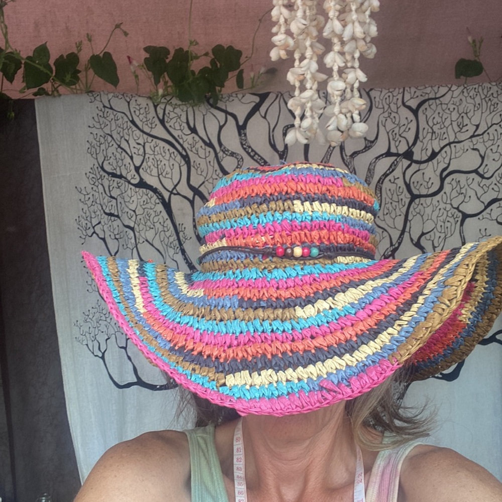 Denver Hayes 100% Paper Floppy Sun Hat Straw Bead Band Multicolor OS